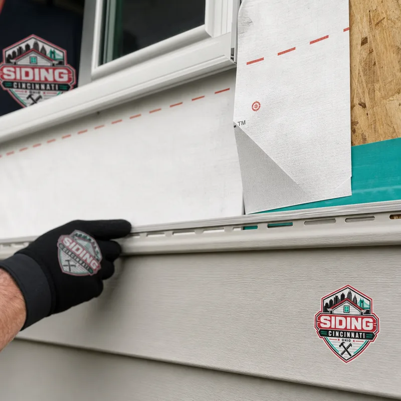 Close-up of siding water-management details with housewrap overlap, integrated window flashing, starter strip, and straight first-course alignment