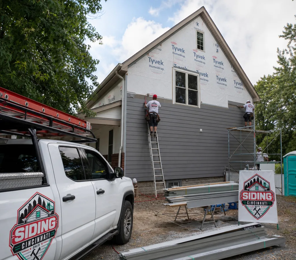 A Cincinnati crew installing new lap siding on a two-story home with proper staging, visible housewrap, and neatly staged materials