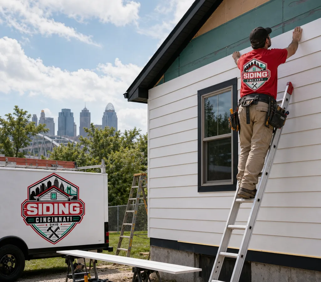 Installer fitting new lap siding on a Cincinnati-area home with neatly staged tools and properly set ladders