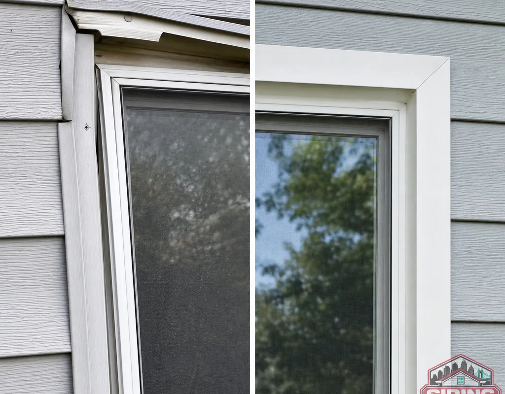 Before and after view of storm-loosened siding and bent J-channel around a window corrected with straight trim lines