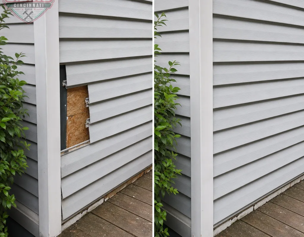 Before and after view of missing vinyl siding near a corner post replaced and aligned with surrounding courses