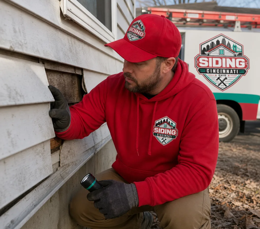 Technician inspecting loose and missing siding panels for water intrusion on a Cincinnati-area home