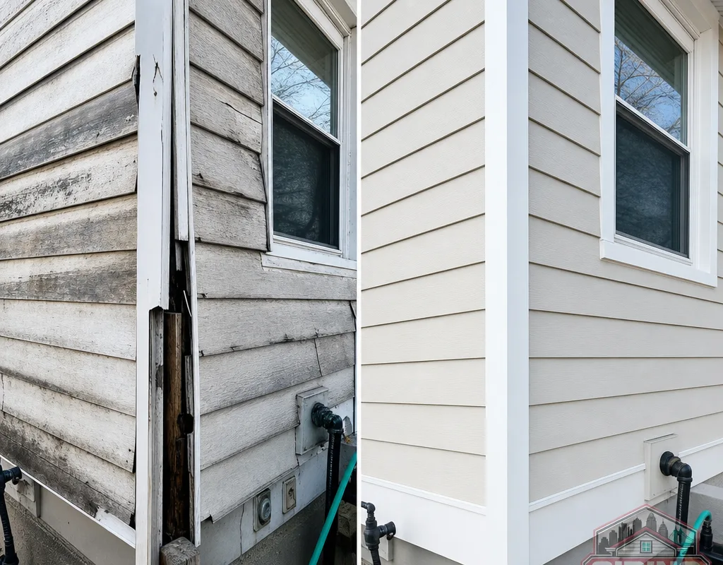 Before-and-after view of warped, mismatched siding replaced with straight courses, crisp corner posts, and clean trim lines