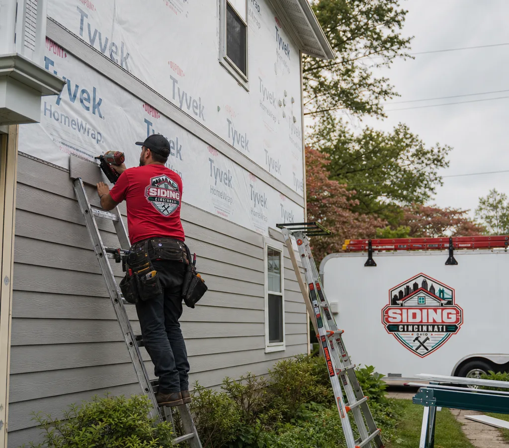Installer fastening new lap siding on a Cincinnati-area home with visible housewrap, safely set ladders, and clean material staging