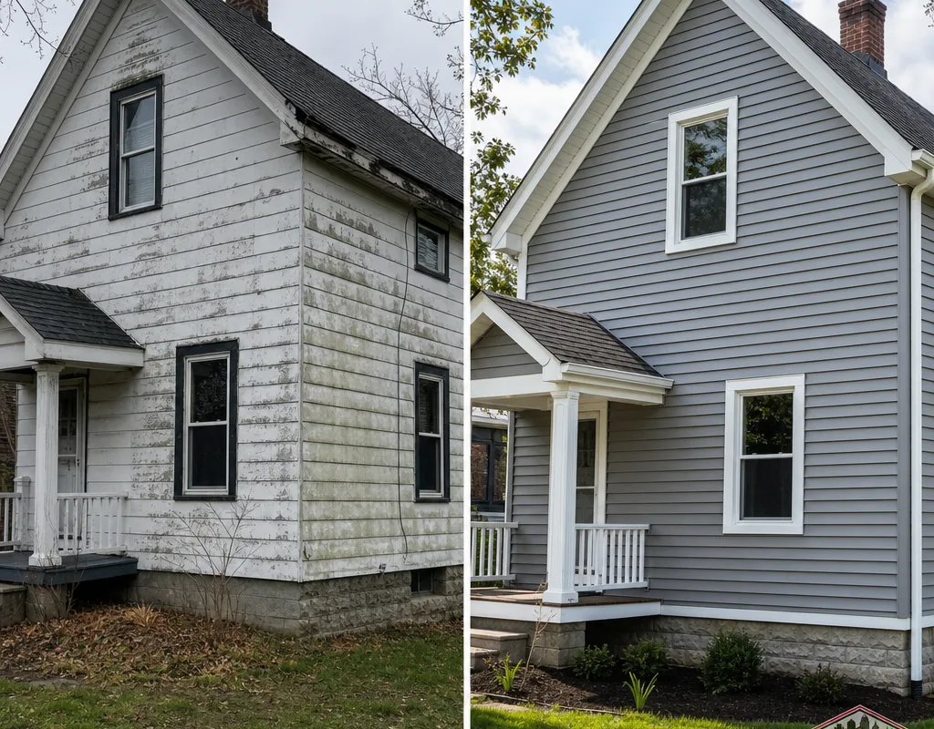 Before-and-after curbside comparison of a weathered exterior replaced with new vinyl siding and updated trim