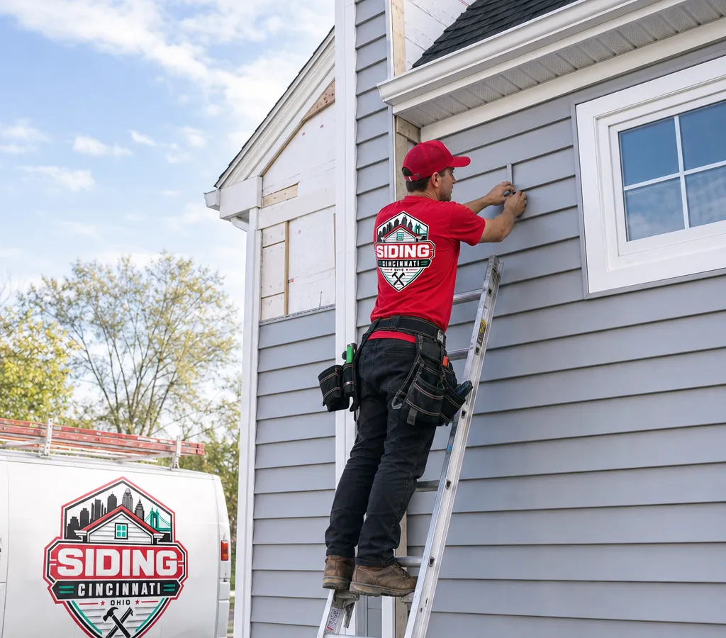 Installer fitting vinyl siding panels on a Cincinnati-area home with straight courses, corner posts, and finished trim details