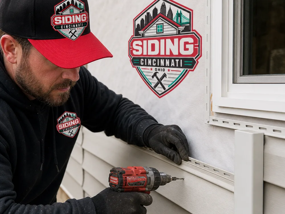 Close-up of a vinyl siding starter strip and first course set on a level line beside a corner post and window J-channel