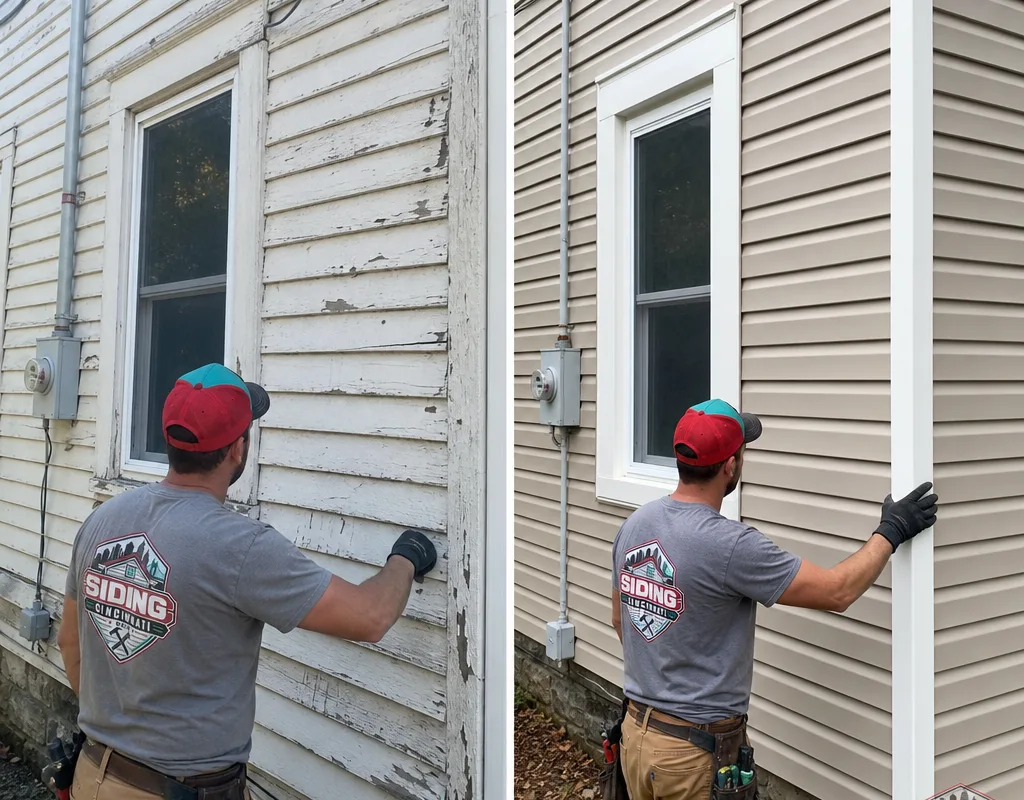 Before-and-after pair showing worn, uneven old siding replaced with straight courses, new corner trim, and clean window casing details on a Cincinnati home exterior.