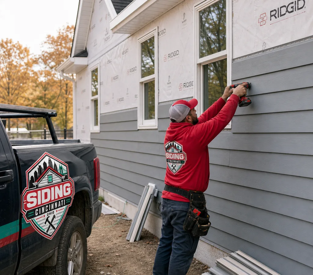 Installer fastening new siding panels on a Cincinnati single-family home exterior, with housewrap visible and clean trim lines around windows.