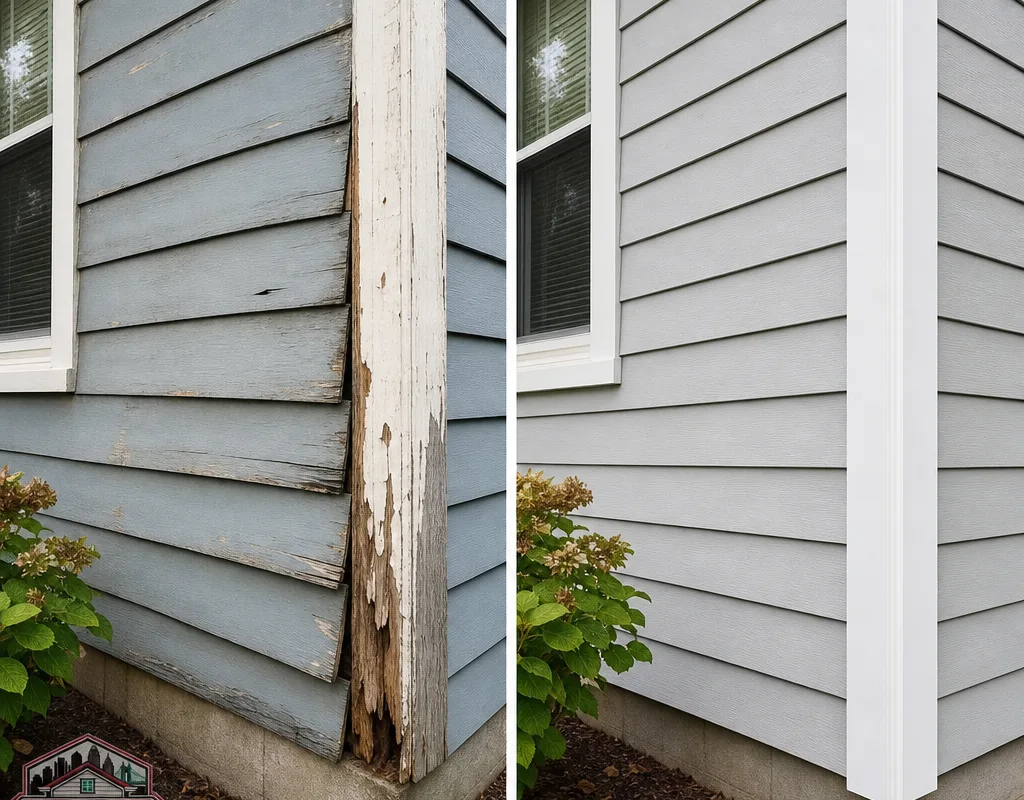 Before-and-after comparison showing faded warped siding replaced with straight new courses and fresh corner trim