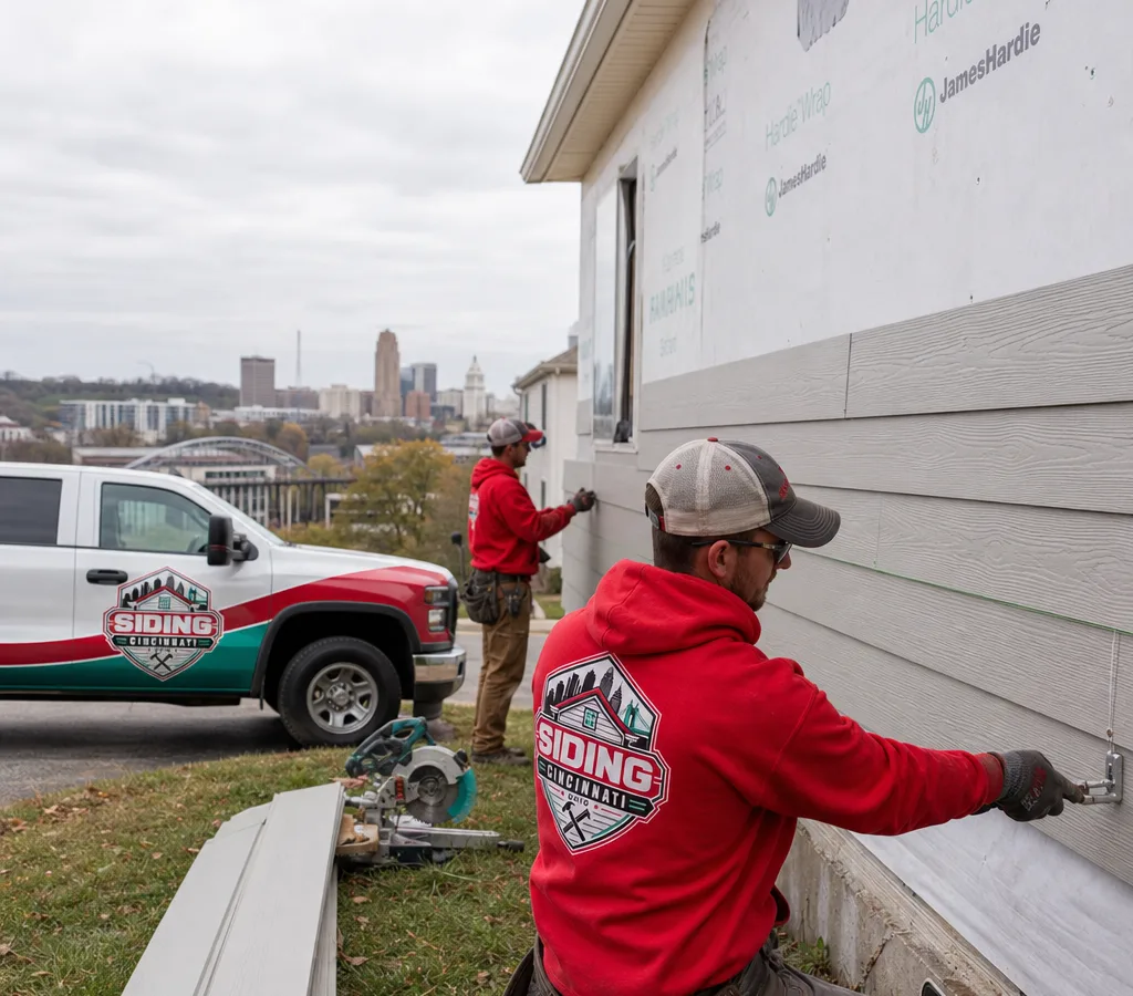 Crew installing new lap siding on a Cincinnati-area home with visible housewrap and straight starter strip lines under an overcast sky