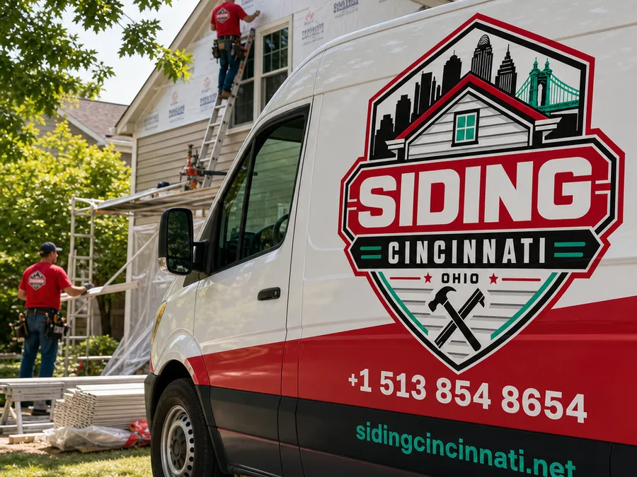 Crew measuring and snapping a level line on an exterior wall before installing starter strip and corner trim, with ladders and staging set up safely on a sloped driveway.