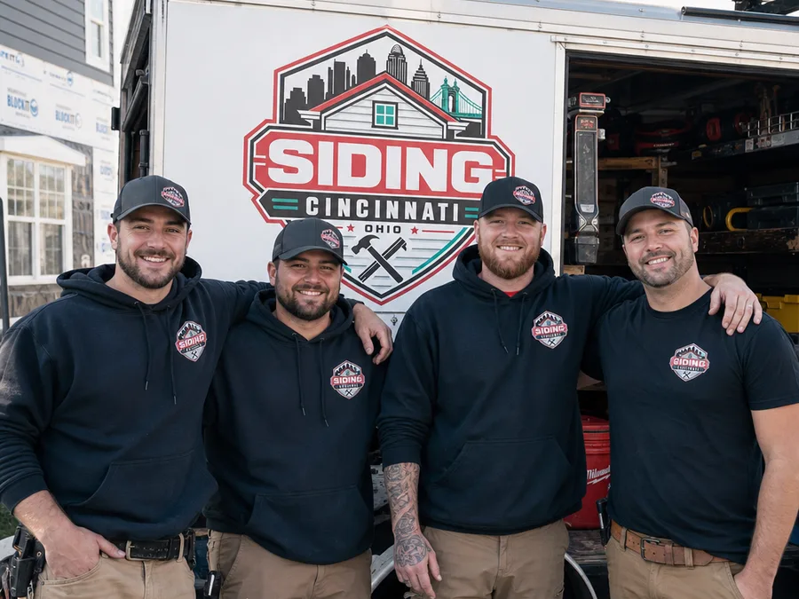 Siding installers on site with a work truck and organized tools